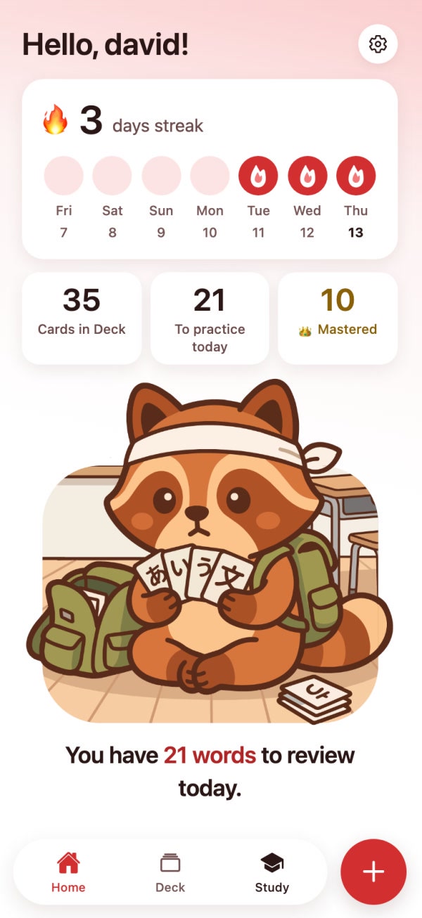 Tanuki Deck home screen: a 3-day streak, 35 cards in the deck, 21 to practice today